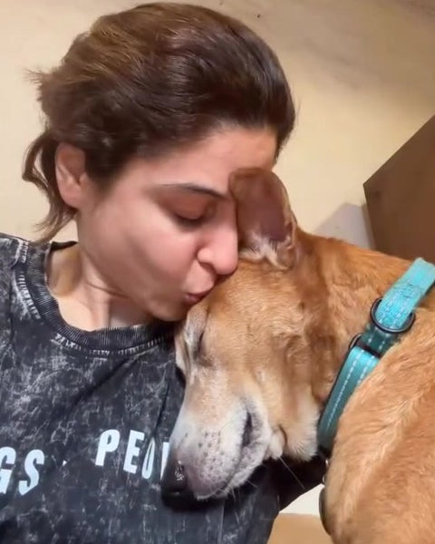 Sherry Shroff in the Hoomans Dogs > People tee, hugging her dog
