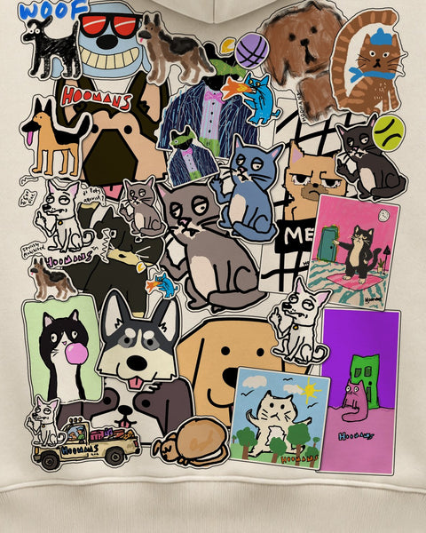 Close up of the back: a cat blowing bubblegum, a husky, a golden retriever and a dog in red sunglasses