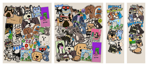 The four print areas laid flat: front, back, left sleeve and right sleeve, cat and dog stickers on cream