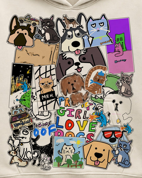 Close up of the front: a German shepherd, a husky, a cat who says MEH and a golden retriever sticker on cream fleece