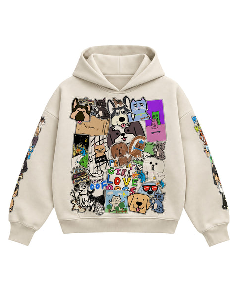 Cream boxy hoodie covered front to back in hand-drawn cat and dog stickers, front flat lay