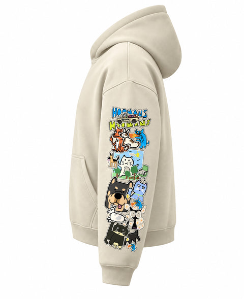 Left side of the cream boxy hoodie with a column of cat and dog stickers down the sleeve