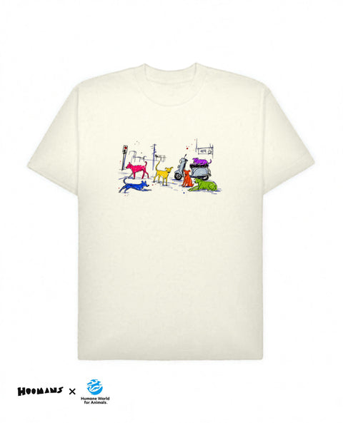 Streeties oversized tee in off white, painted Indian street scene with dogs, a cat on a scooter and a chai board, Hoomans x Humane World for Animals India lockup