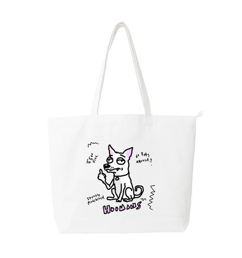Strictly Prohibited white cotton tote bag printed with an indie dog raising a finger at a no pets allowed notice