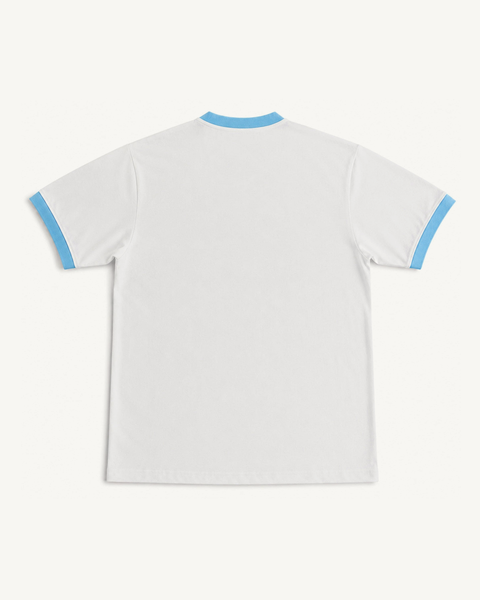White ringer tee with sky blue collar and cuffs, plain back view