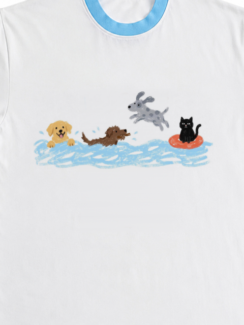 Close up of the Swim Club crayon print on a white ringer tee with sky blue trim