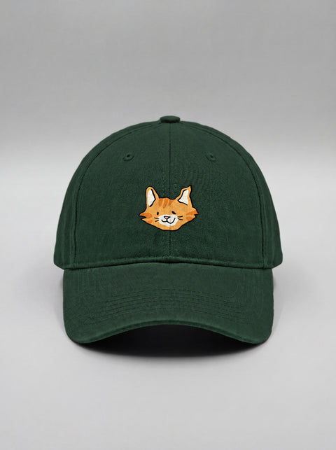 Bottle green baseball cap with embroidered orange tabby cat face, front view