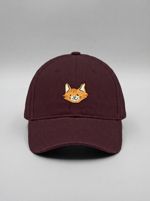 Maroon baseball cap with embroidered orange tabby cat face, front view