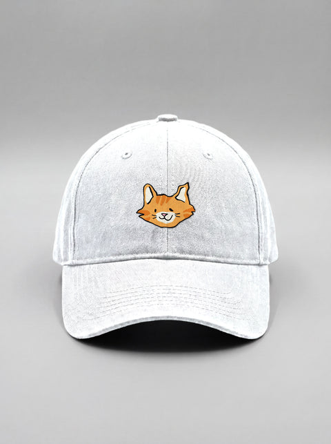 White baseball cap with embroidered orange tabby cat face, front view