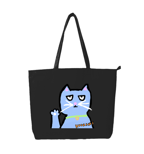 Talk To The Paw black cotton tote bag printed with a blue cat holding one paw up, heavy lidded and unimpressed