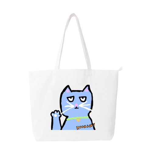 Talk To The Paw white cotton tote bag printed with a blue cat holding one paw up, heavy lidded and unimpressed