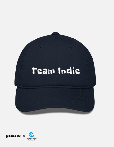 Team Indie navy cotton cap with Team Indie embroidered in white on the front panel, Hoomans x Humane World for Animals India lockup