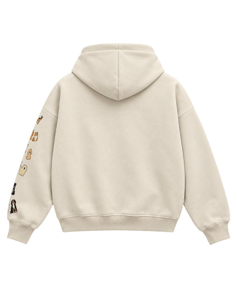 Back of the off-white boxy hoodie, plain, with the dogs on the left sleeve showing
