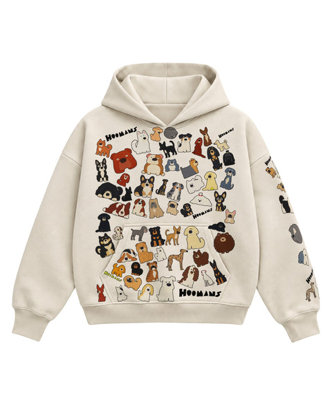 Off-white boxy hoodie with 75 painted dog breeds scattered over the front and down the left sleeve, front view
