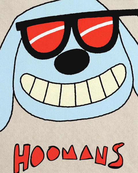 Close-up of the sky blue dog in red sunglasses above the hoomans wordmark printed on cream cotton fleece
