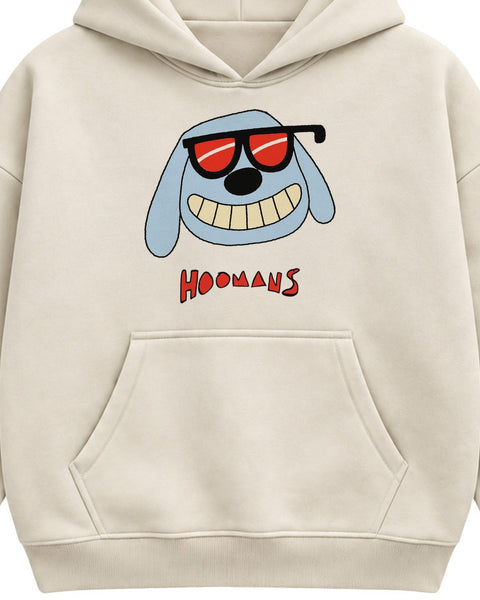 Close up of the Top Dog print on the cream boxy hoodie: the dog's black sunglasses with red lenses, its big black nose, wide toothy grin and the red HOOMANS wordmark