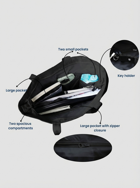 Inside the black Hoomans large tote bag: two spacious compartments, a large pocket, a large zip pocket, two small pockets and a key holder