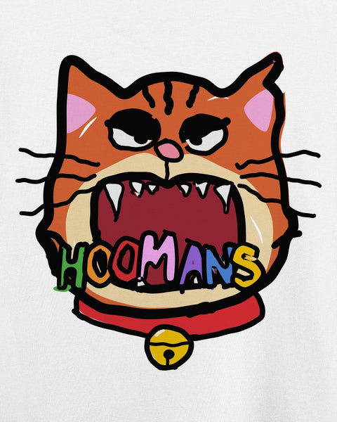 Close-up of the Varsity Cat print: an angry orange cat with heavy-lidded eyes and fangs, biting green, orange, red, pink, purple, blue and yellow hoomans letters