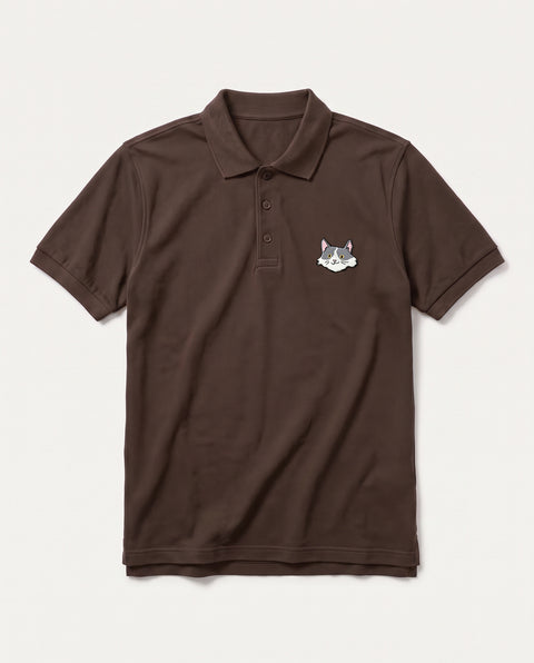 Coffee Brown polo shirt with embroidered white and grey cat face on the chest, front flat lay