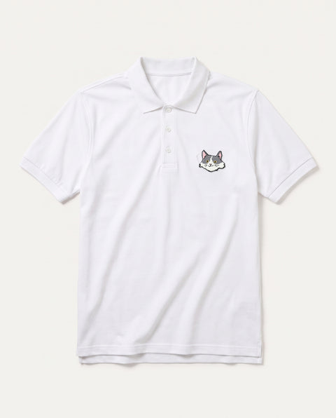 White polo shirt with embroidered white and grey cat face on the chest, front flat lay
