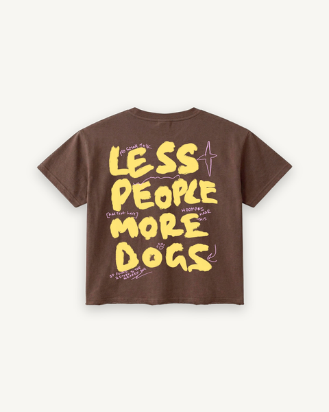 Less People More Dogs Brown Oversized Boxy Tee — flat product shot on off-white background