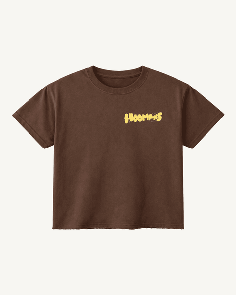 Less People More Dogs brown boxy tee – back view with yellow Hoomans print – Hoomans India