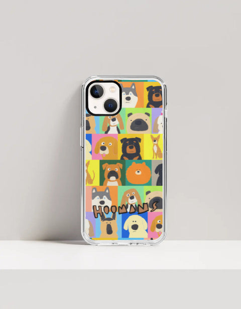 Hoomans Lotta Dogs iPhone case: colour-block grid of hand-drawn dog breed portraits with HOOMANS lettering, on iPhone 13 mockup