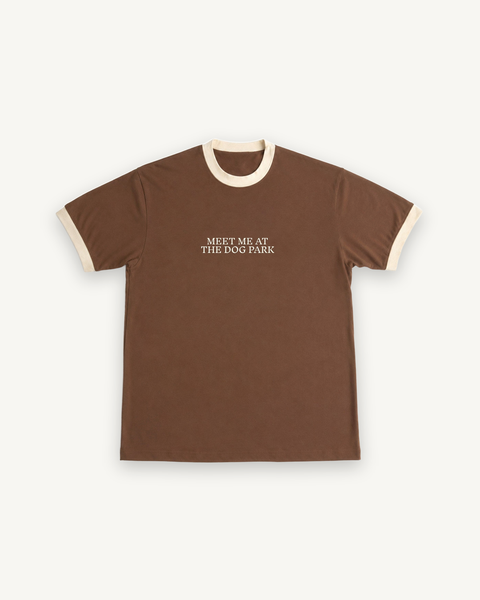 Meet Me At The Dog Park Ringer Tee — flat product shot on off-white background