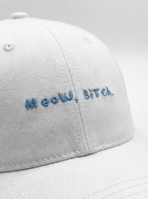 Meow Bitch white cap – embroidery detail – Hoomans India