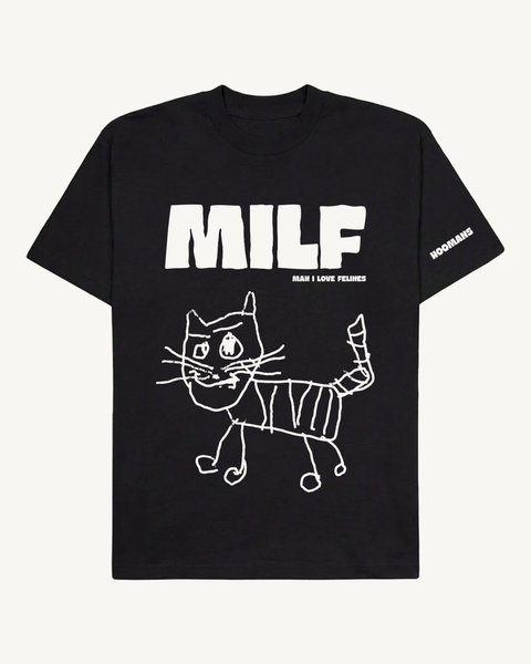 MILF Man I Love Felines black terry tee – front flat lay – Hoomans India