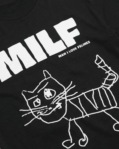 MILF cat doodle print close-up on black tee – Hoomans India
