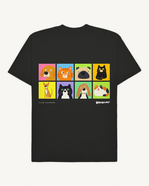 Black oversized terry tee with four dogs and four cats in flat colour blocks across the chest, front flat lay