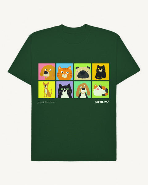 Bottle green oversized terry tee with four dog and four cat blocks across the chest and a small Hoomans logo, front flat lay