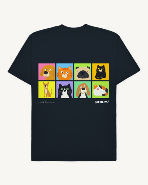Navy oversized terry tee with eight painted pets in two rows across the chest: a golden retriever, an orange tabby, a pug, a black cat, an indie, a tuxedo cat, a beagle and a calico, front flat lay
