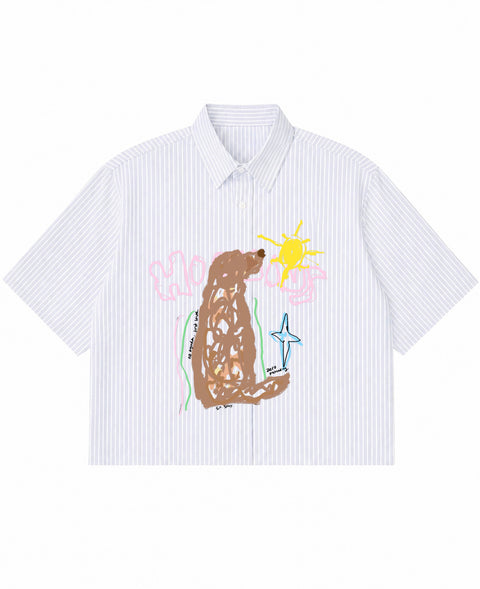 Dog in the Sun blue striped boxy shirt – front design – Hoomans India