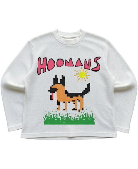 Off-white waffle knit oversized full sleeve tee with a full front pixel german shepherd, yellow sun, green grass and pink HOOMANS lettering, front flat lay