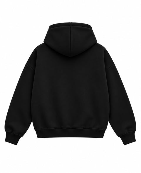 Black boxy hoodie, plain back, flat lay
