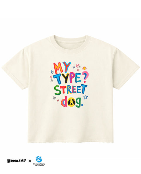 My Type? Street Dog boxy fit tee in off white, hand painted multicolour lettering with a dog face in the o of dog