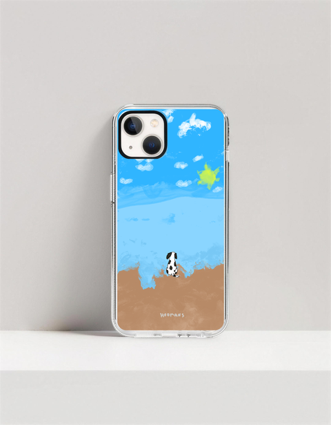 Hoomans Out of Office iPhone case — hand-painted spotted dog sitting on a beach facing the sea, on iPhone 13 mockup