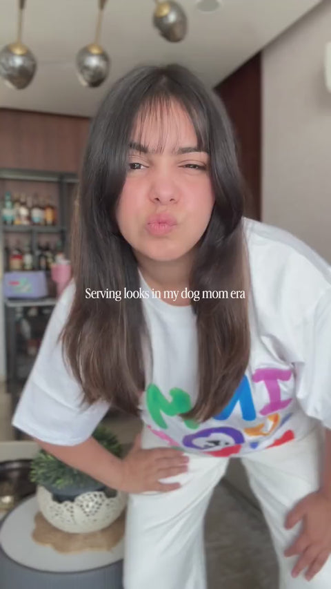 Real customer try-on reel of the In My Dog Mom Era white oversized tee, Hoomans India