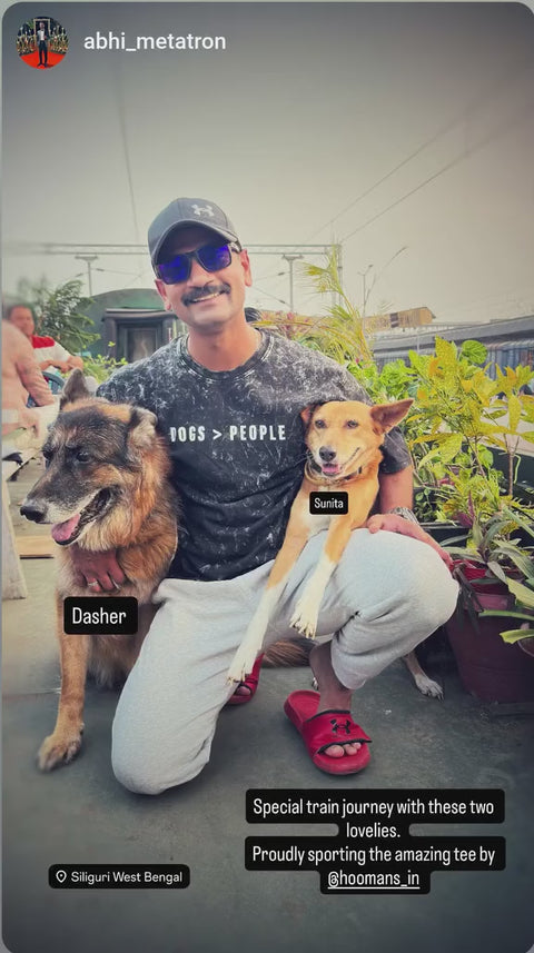 Real customer in the Dogs > People white tee with his two dogs, Hoomans India
