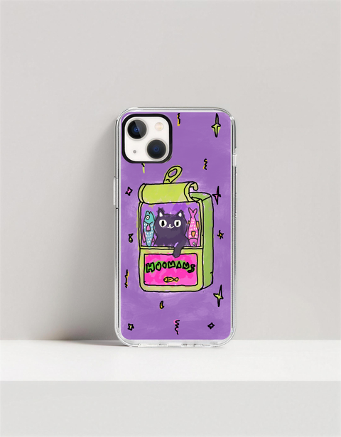 Hoomans Sardine Tin iPhone case — hand-drawn black cat peeking from a green sardine tin between two fish on purple doodle background, on iPhone 13 mockup