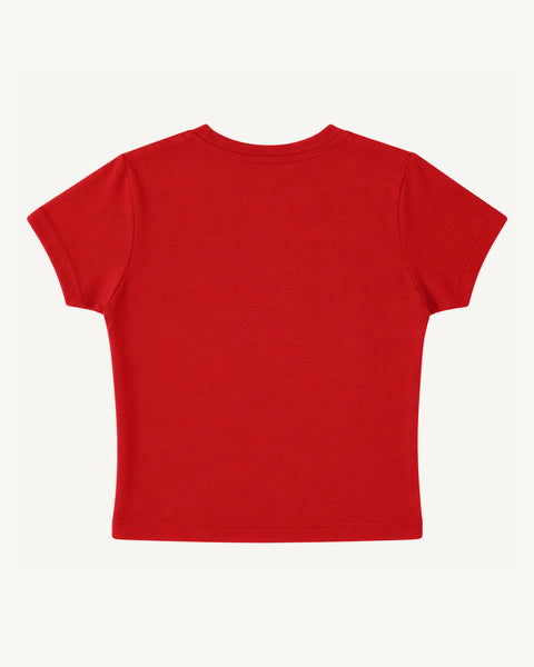 Red baby tee back view, plain, flat lay, Hoomans India