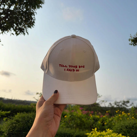 Tell Your Dog I Said Hi cap at sunset, real customer photo, Hoomans India
