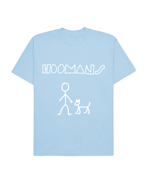 Baby blue oversized tee with 'Hoomans' white puff print and stick-figure dog-walk doodle, front flat lay