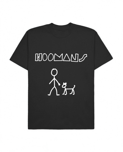 Black oversized tee with 'Hoomans' white puff print and stick-figure dog-walk doodle, front flat lay