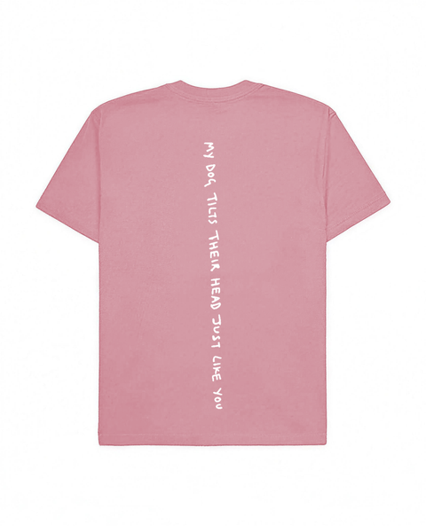 Flamingo oversized tee with 'My Dog Tilts Their Head Just Like You' white puff print, back flat lay