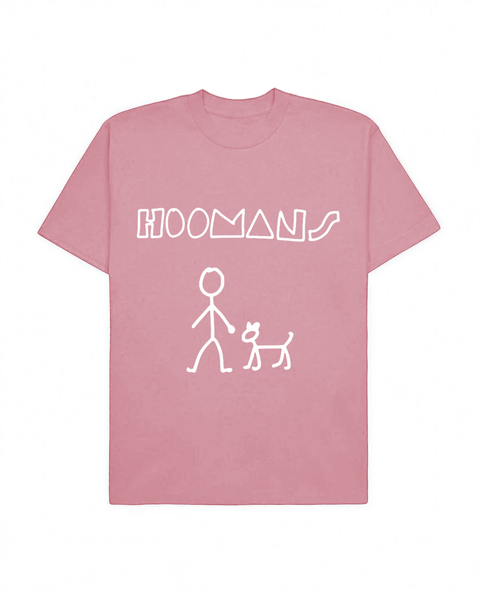 Flamingo oversized tee with 'Hoomans' white puff print and stick-figure dog-walk doodle, front flat lay