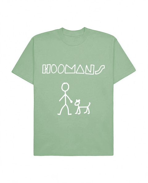 Jade oversized tee with 'Hoomans' white puff print and stick-figure dog-walk doodle, front flat lay