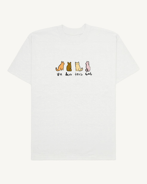 Un Deux Trois Cat white oversized tee – front flat lay – Hoomans India